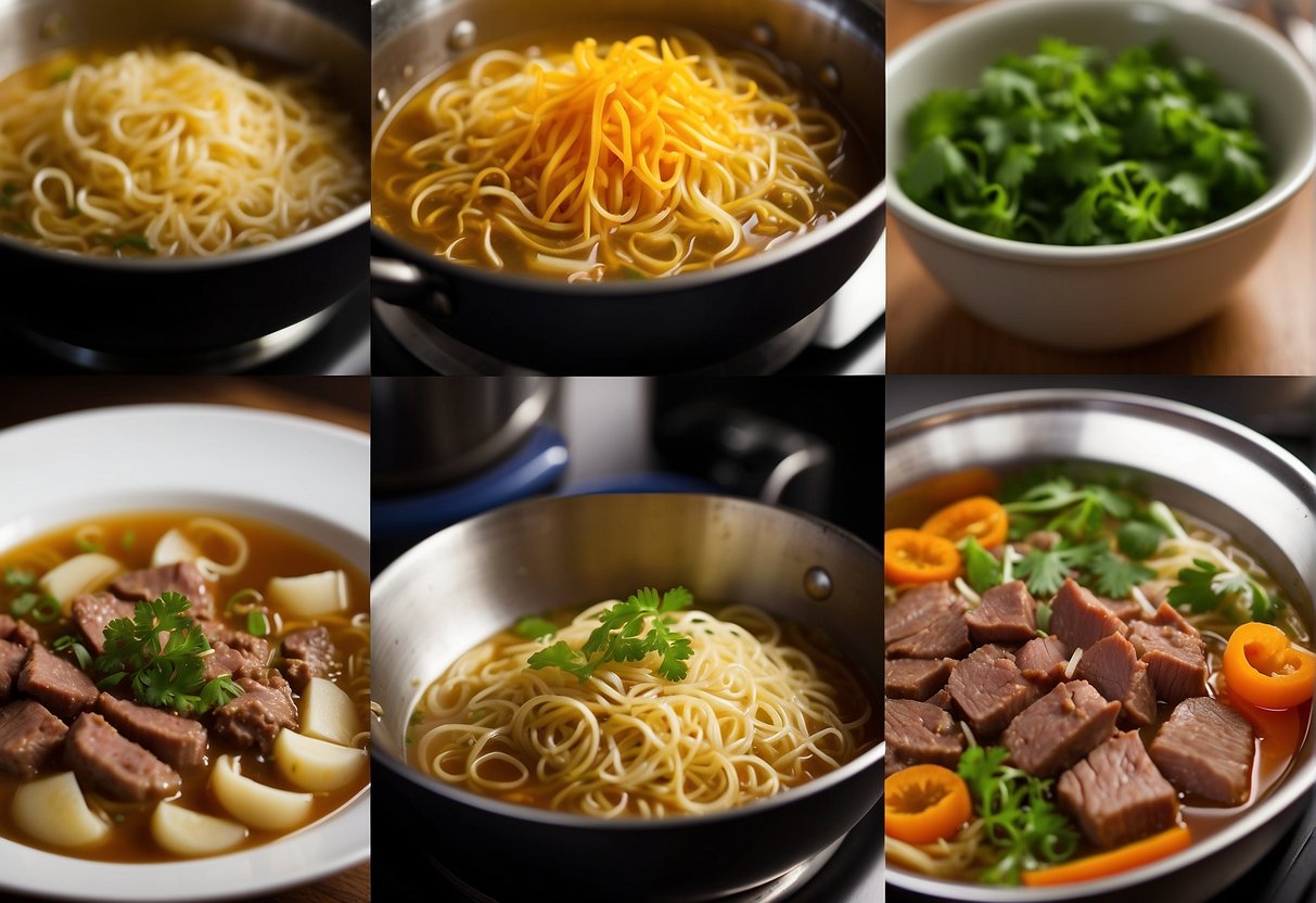 Chopping vegetables, boiling noodles, simmering beef in fragrant broth