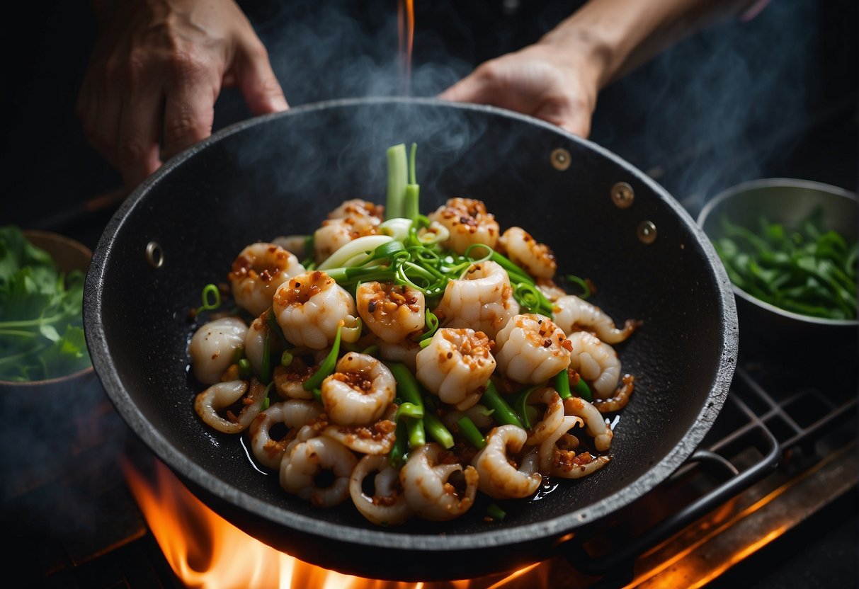 A chef stir-frying cuttlefish with ginger, garlic, and soy sauce in a sizzling wok. Green onions and chili peppers add color and aroma