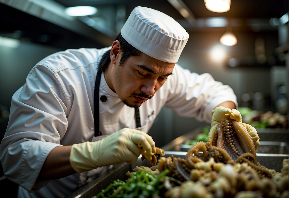 A chef selects and cleans cuttlefish for Chinese recipes