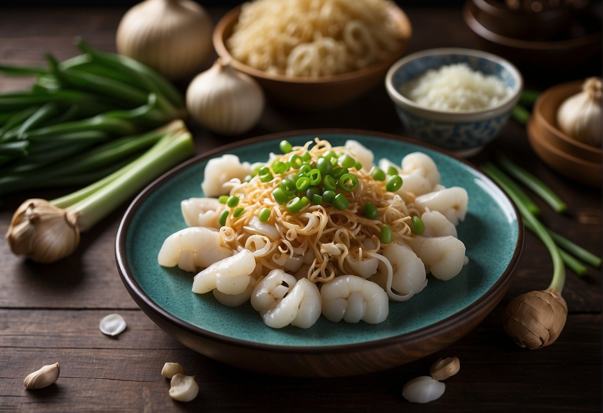 A table spread with fresh cuttlefish, ginger, garlic, soy sauce, and green onions for Chinese recipes