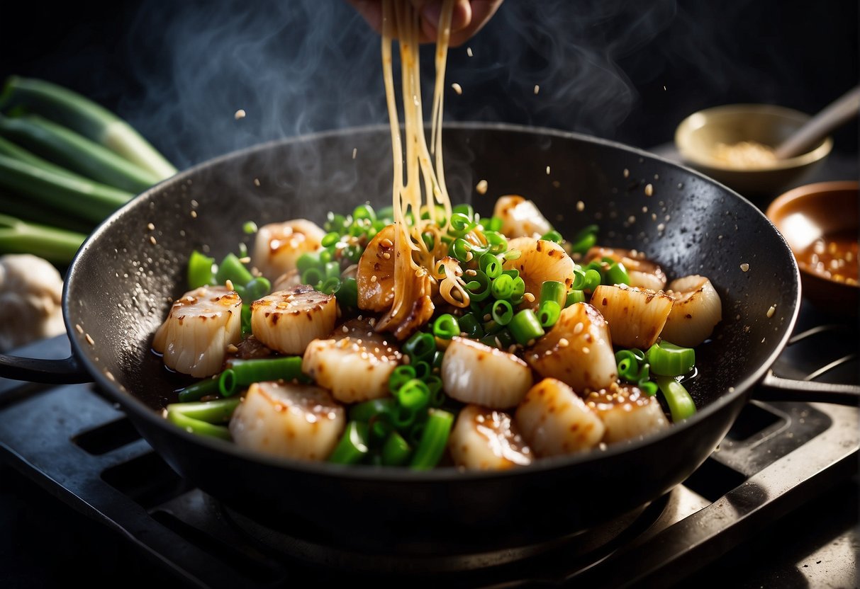 Cuttlefish being stir-fried in a wok with ginger, garlic, and green onions. A splash of soy sauce and a sprinkle of sesame seeds add flavor