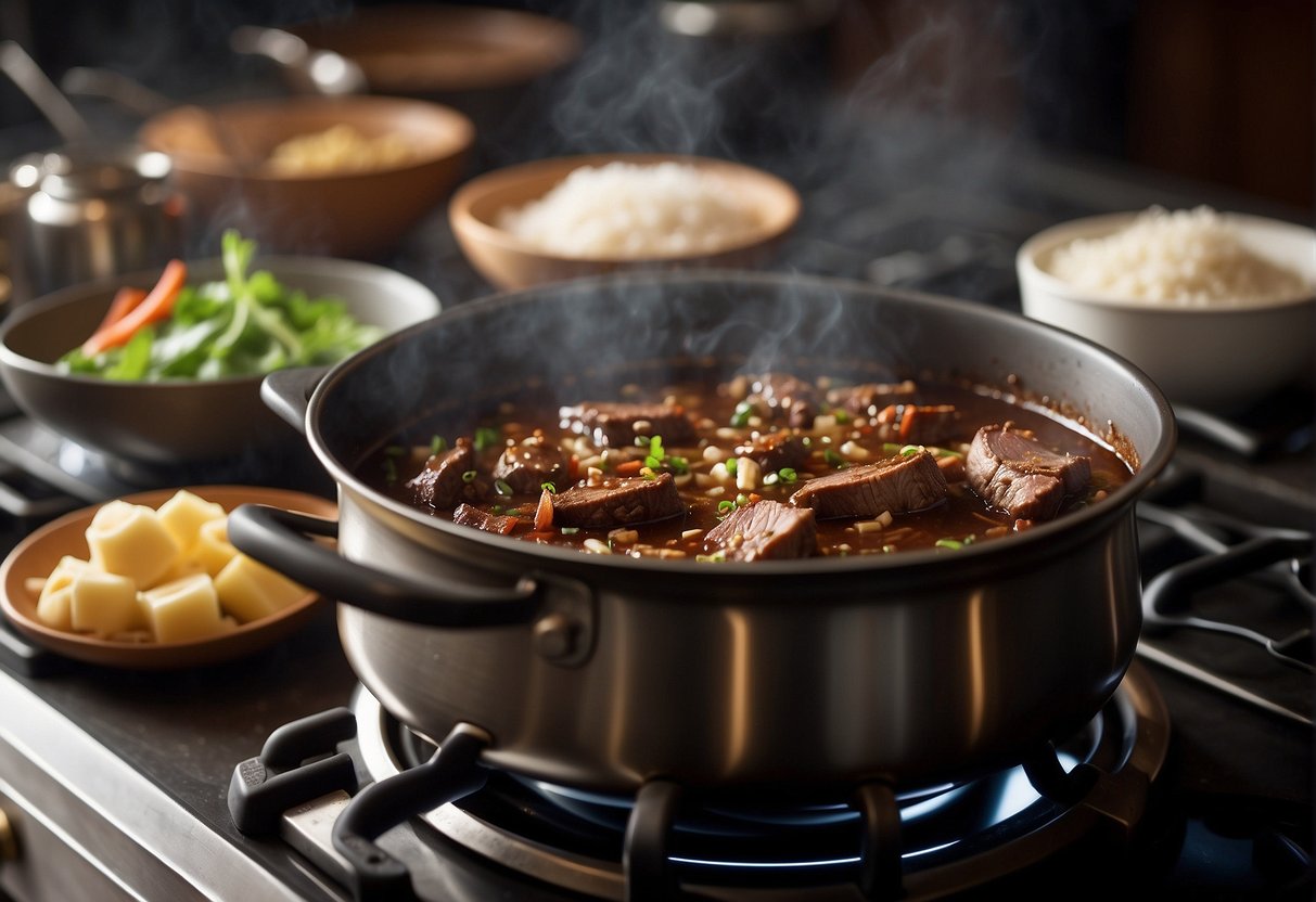 A pot simmering on a stove, filled with chunks of tender beef brisket, ginger, garlic, and star anise, surrounded by bowls of soy sauce, sugar, and spices