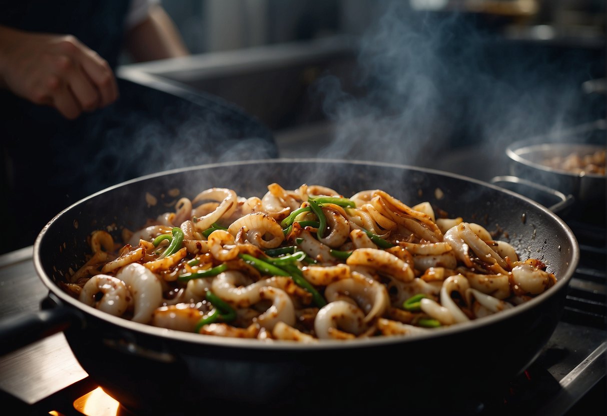 A chef stir-fries cuttlefish with ginger, garlic, and soy sauce in a bustling Chinese kitchen. A wok sizzles over a flame, filling the air with savory aromas