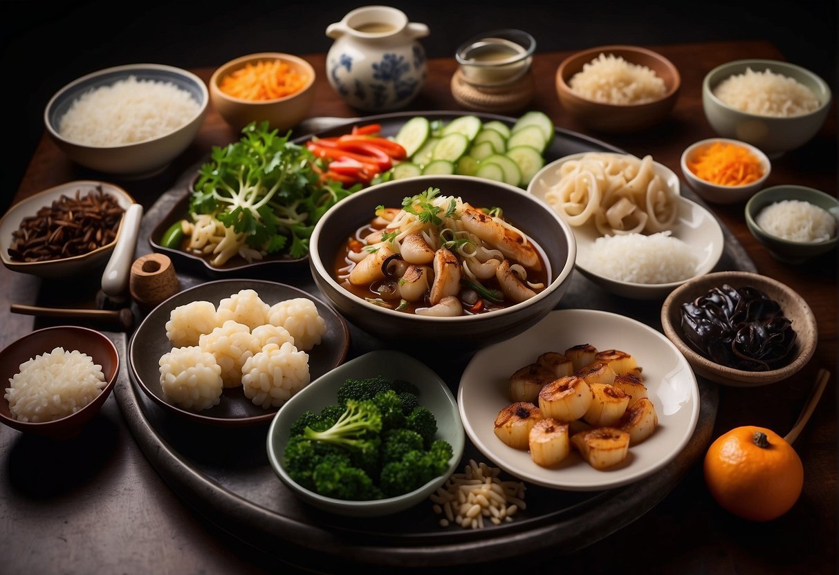 A table set with various cuttlefish dishes, surrounded by Chinese ingredients and cooking utensils