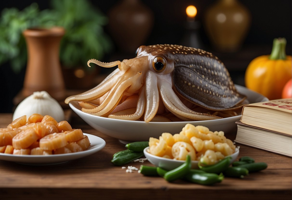 A cuttlefish surrounded by Chinese ingredients, with a stack of recipe books in the background