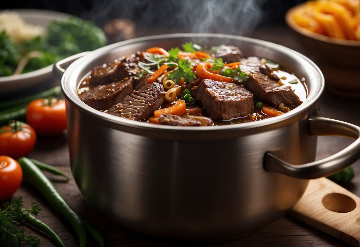 Beef brisket simmers in aromatic Chinese spices, filling the kitchen with rich, savory aromas. Vegetables and herbs wait nearby for their turn in the pot