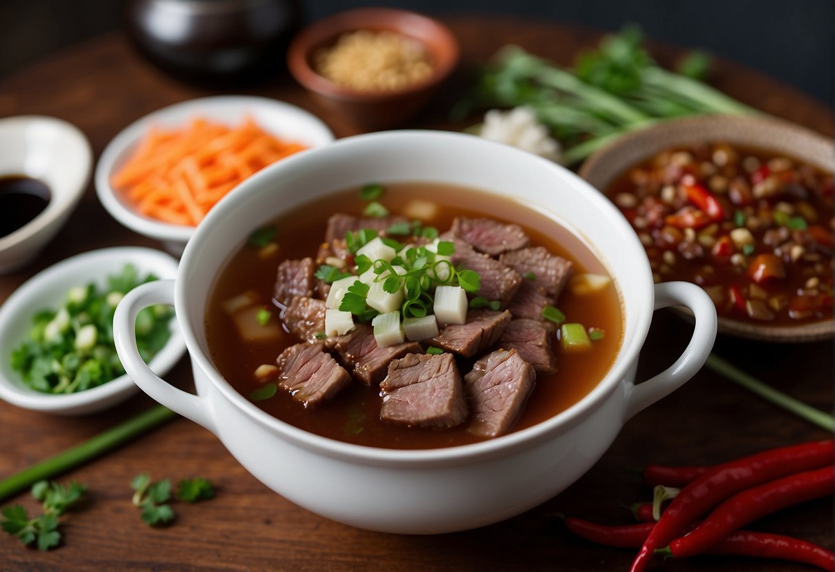 A steaming bowl of Chinese beef brisket soup sits on a wooden table, surrounded by small dishes of chili oil, soy sauce, and green onions