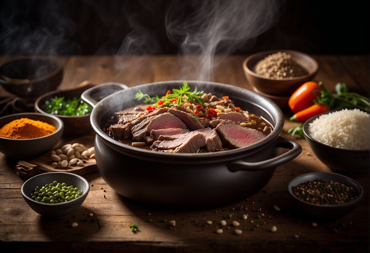 A steaming pot of Chinese beef brisket sits on a rustic wooden table, surrounded by various spices and herbs. A label with nutrition and storage information is prominently displayed next to the dish
