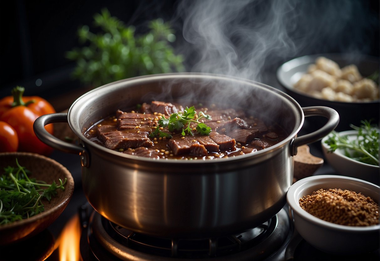 A steaming pot of Chinese beef brisket simmers on a stove, surrounded by aromatic spices and herbs. Steam rises as the rich, savory aroma fills the kitchen
