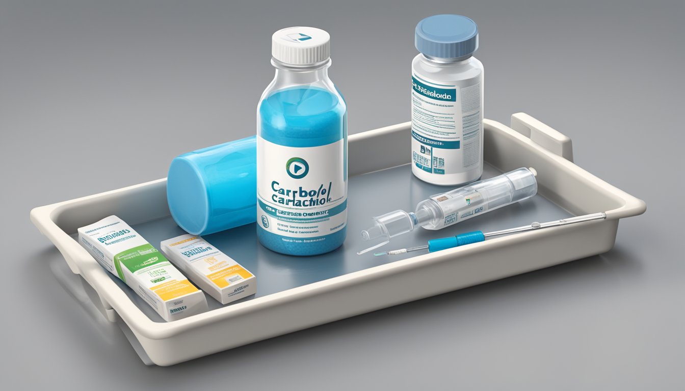 A bottle of carbachol sits on a sterile medical tray, alongside a syringe and vial. The label prominently displays the brand name