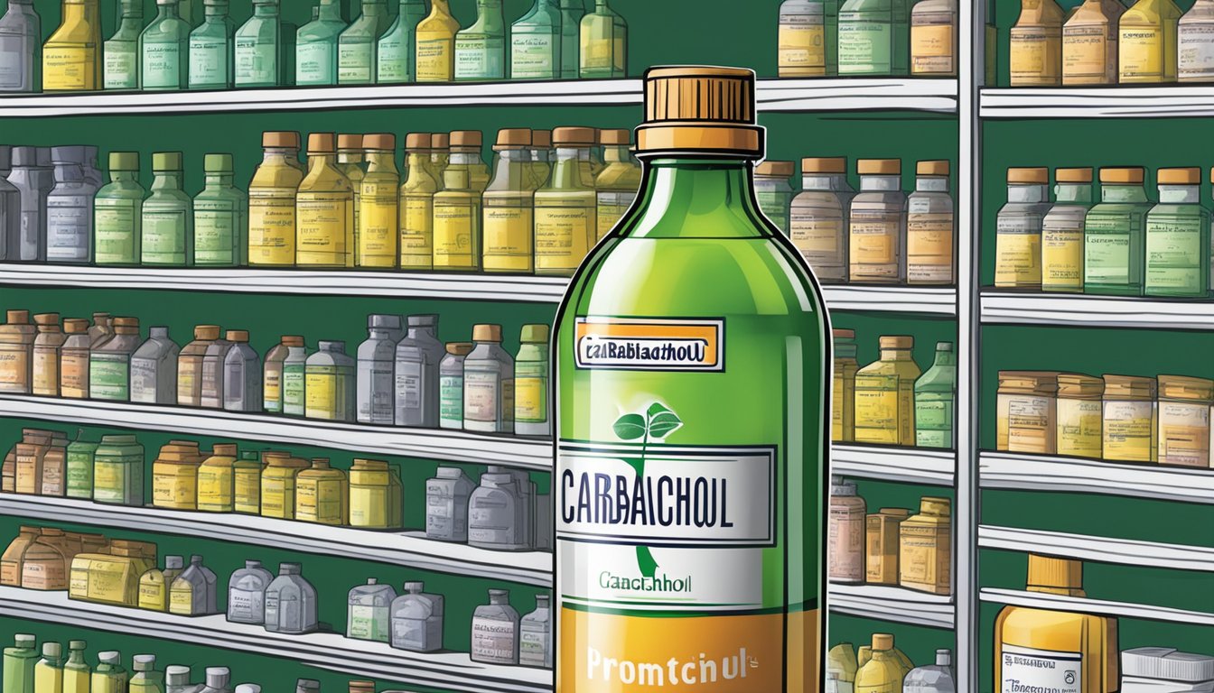 A bottle of carbachol sits on a pharmacy shelf, with its brand name prominently displayed on the label
