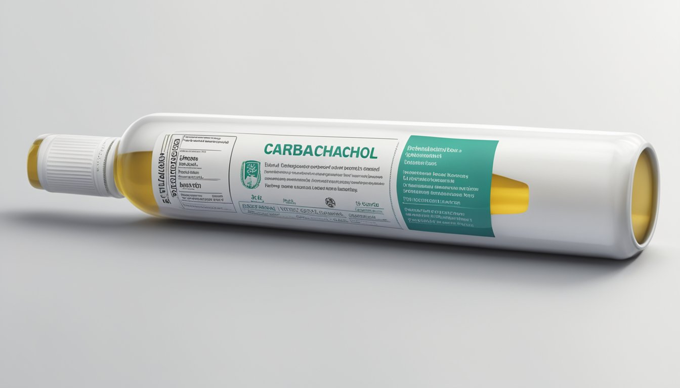 A bottle of carbachol sits on a clean, white surface. The label is clear and easy to read, with dosage and administration instructions prominently displayed