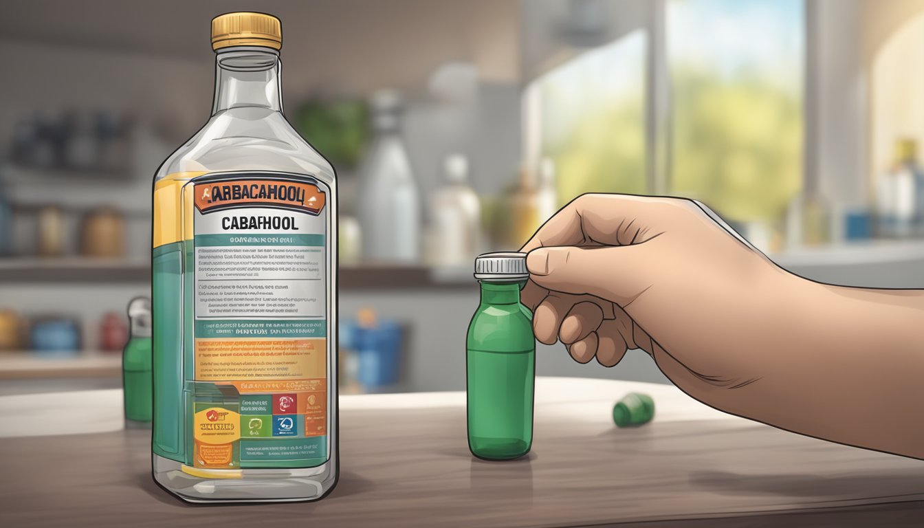 A hand reaching for a bottle of carbachol with a warning label and safety instructions in the background