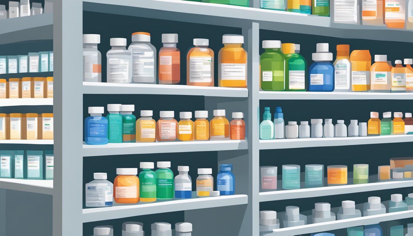 A bottle of carbachol sits beside other medications on a pharmacy shelf. Labels indicate potential drug interactions