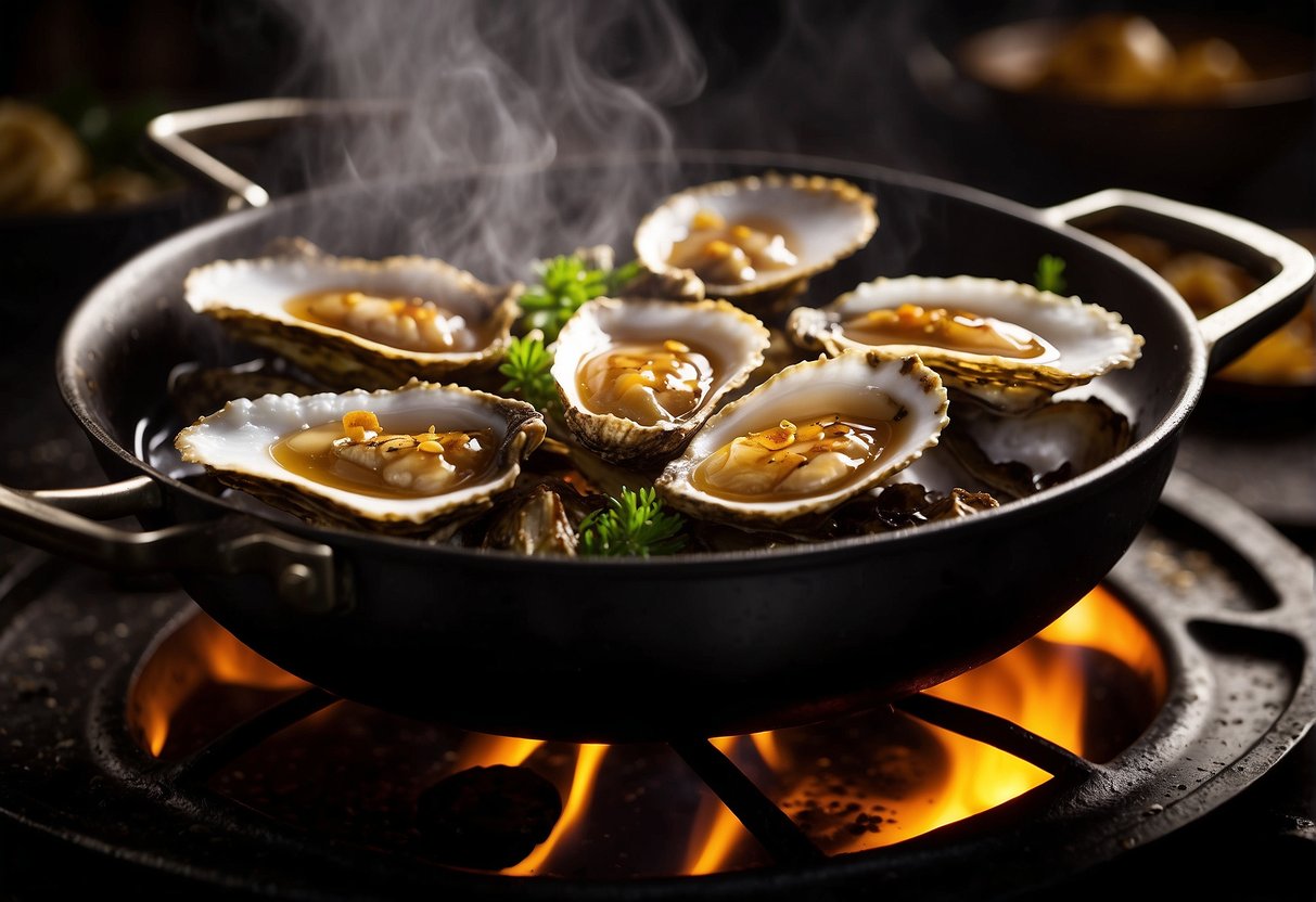 Golden-brown oysters sizzle in a wok of bubbling oil, emitting a tantalizing aroma. A pair of chopsticks hovers over the sizzling delicacies, ready to pluck them out