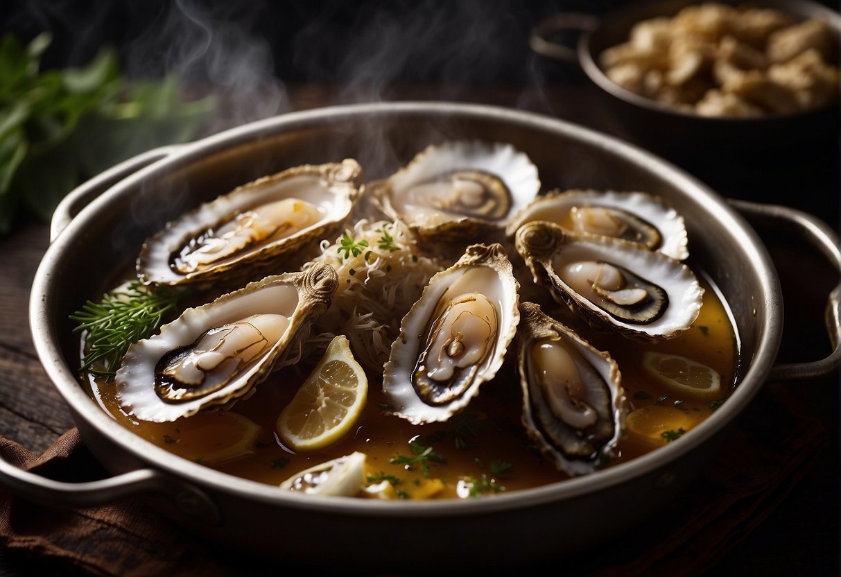 Golden-brown oysters sizzling in bubbling oil, surrounded by aromatic spices and herbs, ready to be served in a traditional Chinese dish