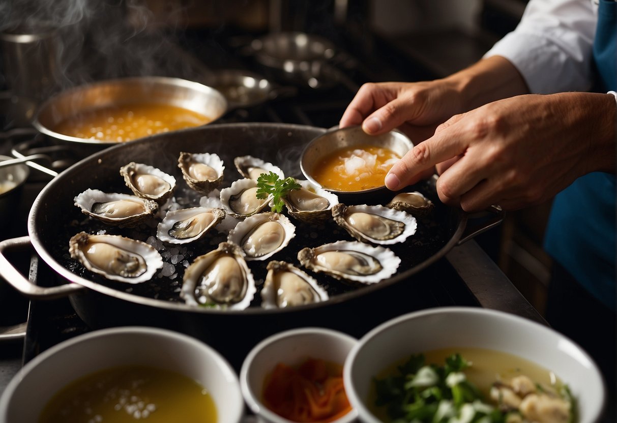 A chef dips fresh oysters in a seasoned batter, then carefully lowers them into sizzling hot oil until they turn golden brown