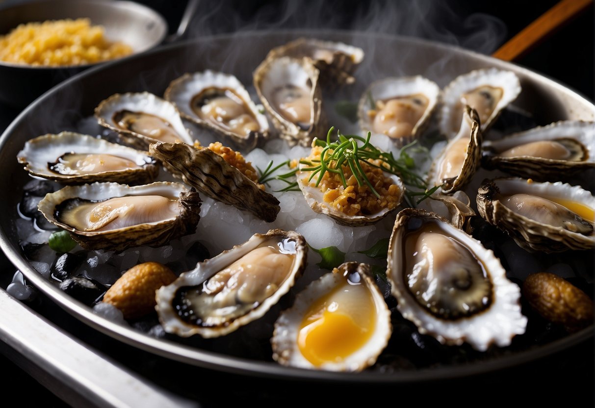 Oysters sizzle in bubbling oil, golden and crispy. Chopsticks lift them from the pan, steam rising. A fragrant aroma fills the kitchen