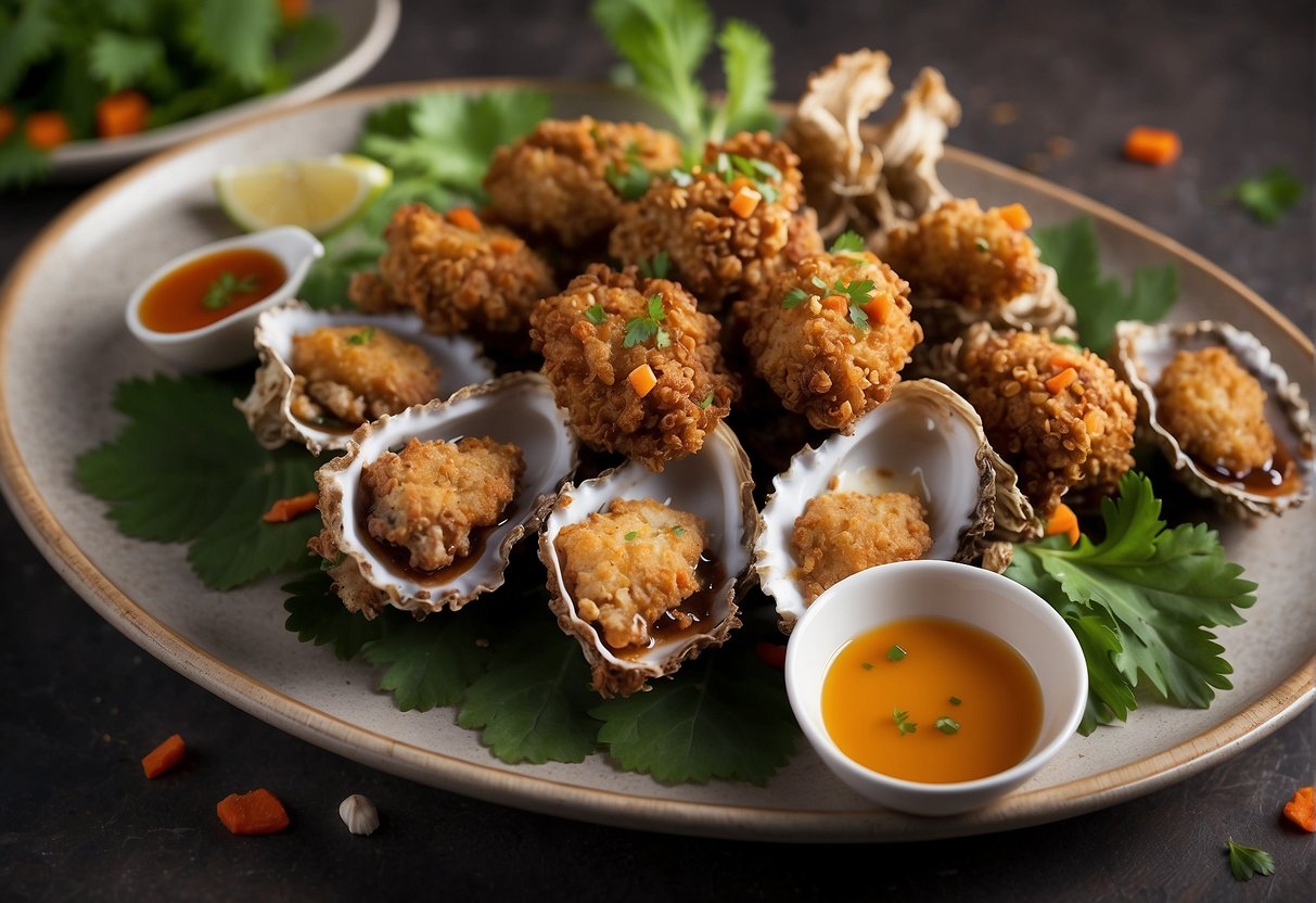 A plate of crispy deep-fried oysters with chopsticks, surrounded by colorful Chinese spices and herbs