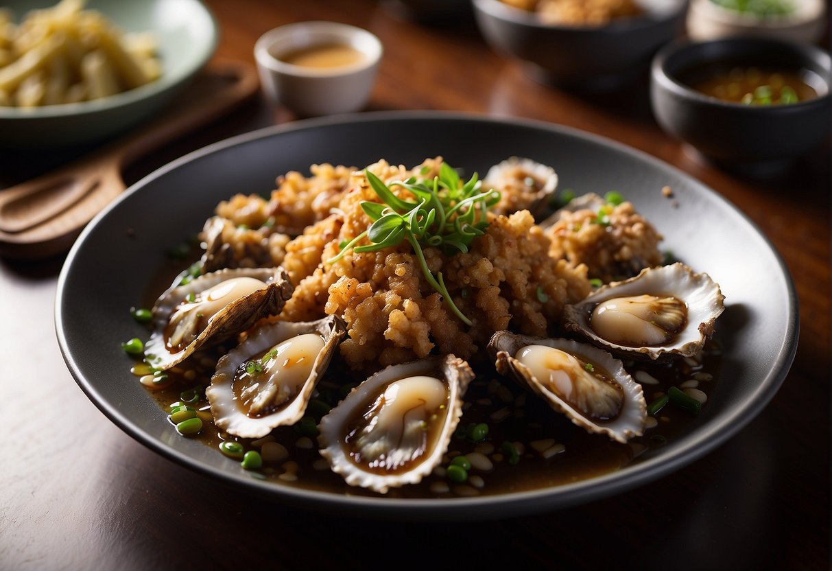 A sizzling wok fries plump oysters in a fragrant blend of ginger, garlic, and soy sauce, evoking the rich cultural tradition of Chinese deep-fried oysters