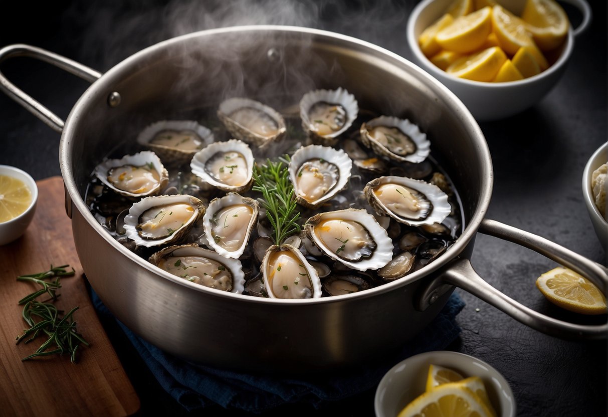 A stainless steel pot sizzling with hot oil, a plate of freshly shucked oysters, and a bowl of seasoned flour ready for dredging