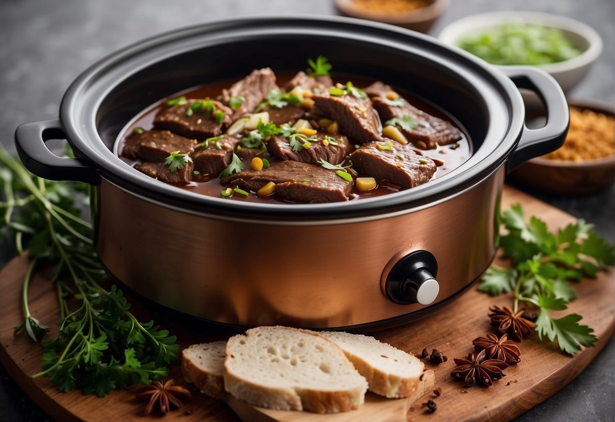 A slow cooker filled with simmering Chinese beef brisket, surrounded by aromatic spices and herbs