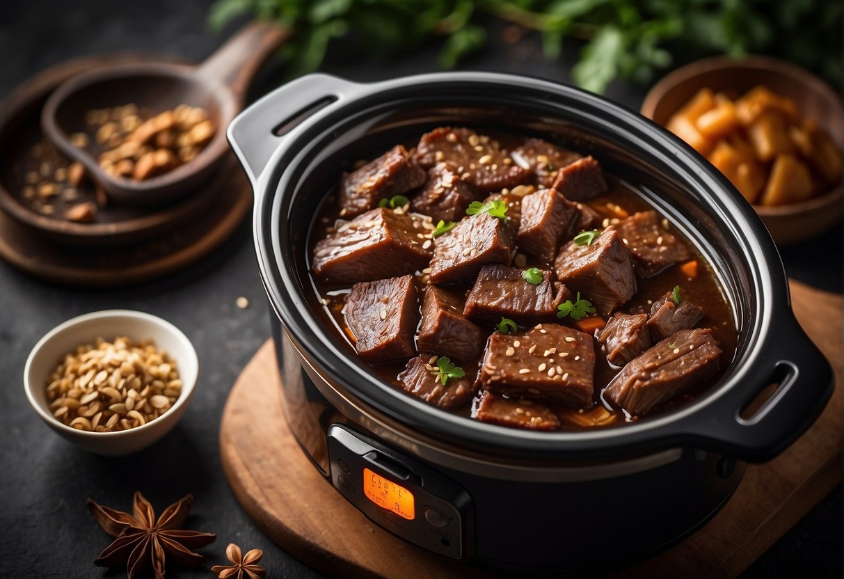 A slow cooker filled with Chinese beef brisket, surrounded by ginger, garlic, star anise, and soy sauce. Possible substitutions like chicken or tofu nearby
