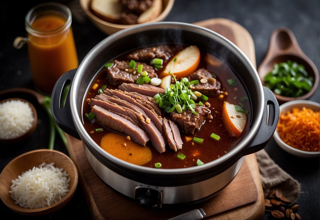 A pressure cooker simmering with Chinese beef brisket, surrounded by essential ingredients like star anise, ginger, and soy sauce