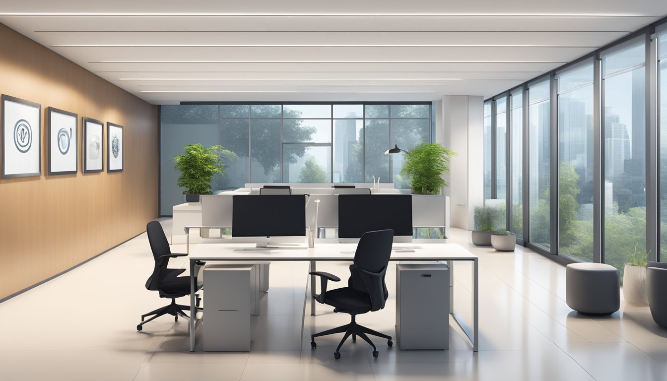 A sleek, modern office space with the company logo prominently displayed on the wall. Clean lines, professional atmosphere, and a sense of innovation