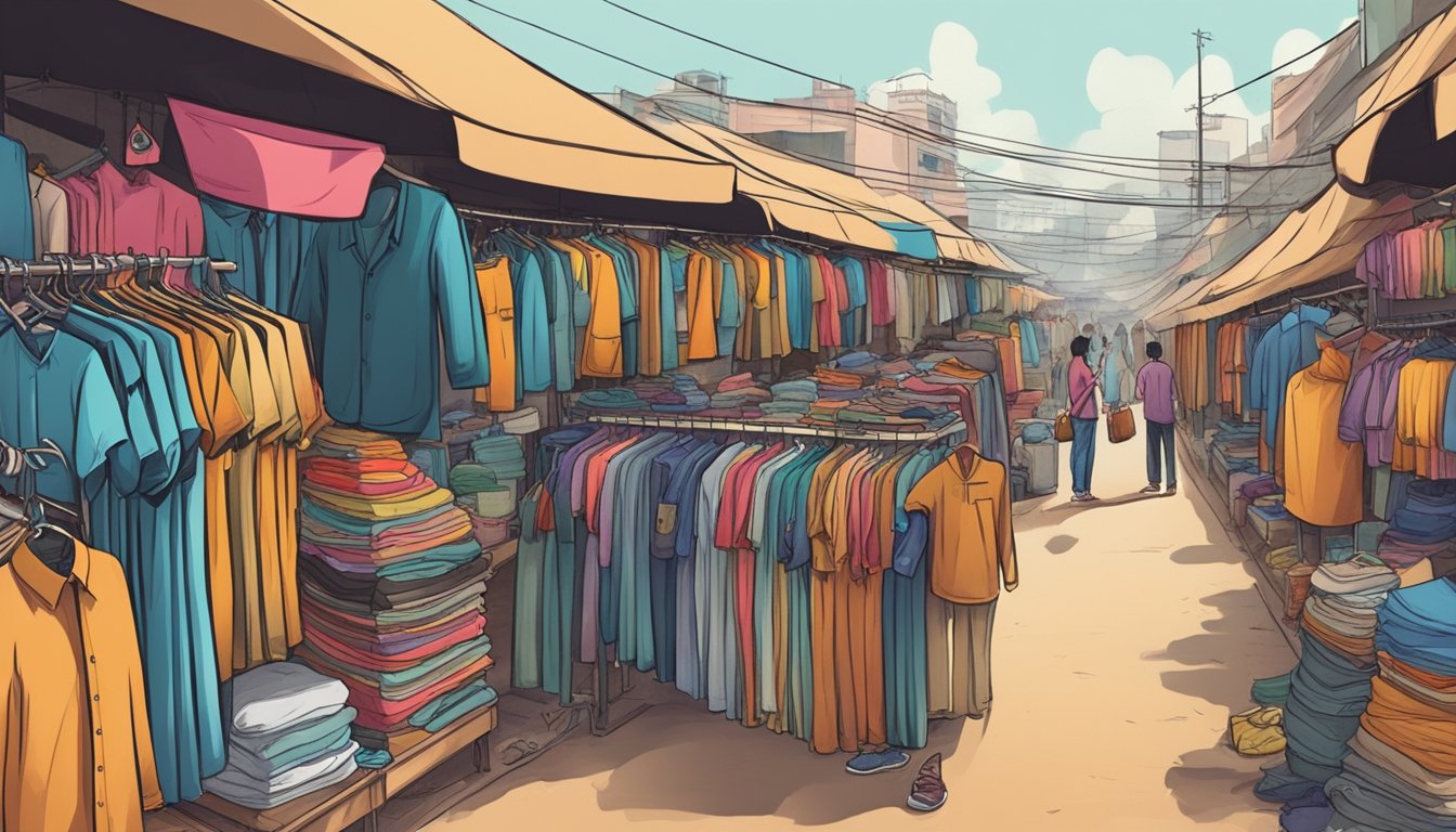 A cluttered street market in Bangalore displays racks of cheap branded clothes
