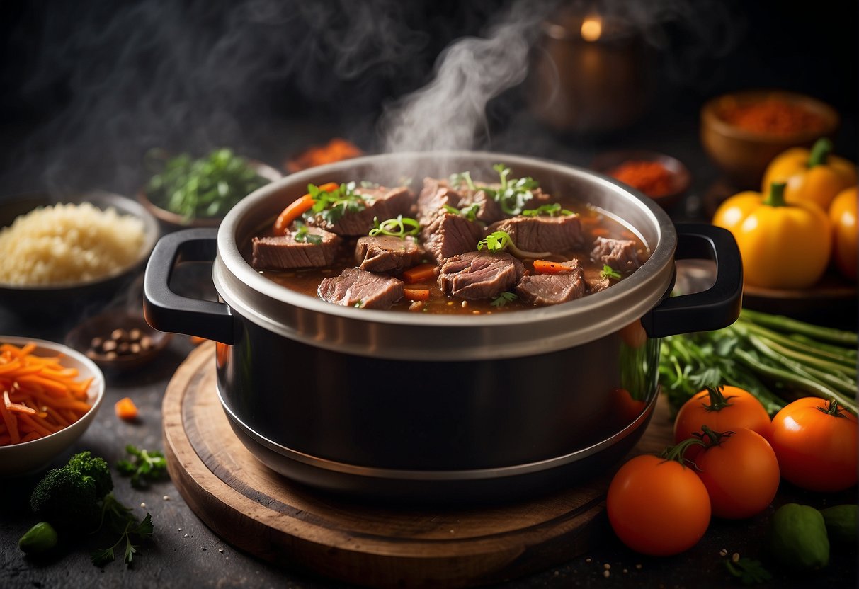 Beef brisket simmers in a pressure cooker with Chinese spices, emitting aromatic steam. Chopped vegetables and herbs wait nearby for the next step