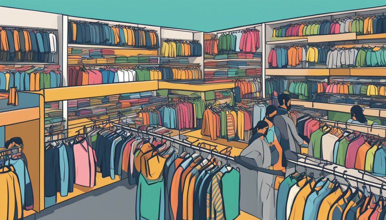 A bustling marketplace in Bangalore displays racks of cheap branded clothes, with prominent logos and colorful designs. Shoppers eagerly sift through the racks, searching for the best deals