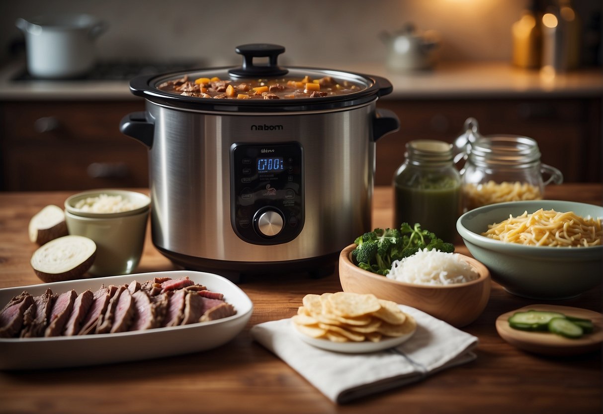 A kitchen counter with ingredients laid out, a slow cooker plugged in, and a recipe book open to the Chinese beef brisket recipe