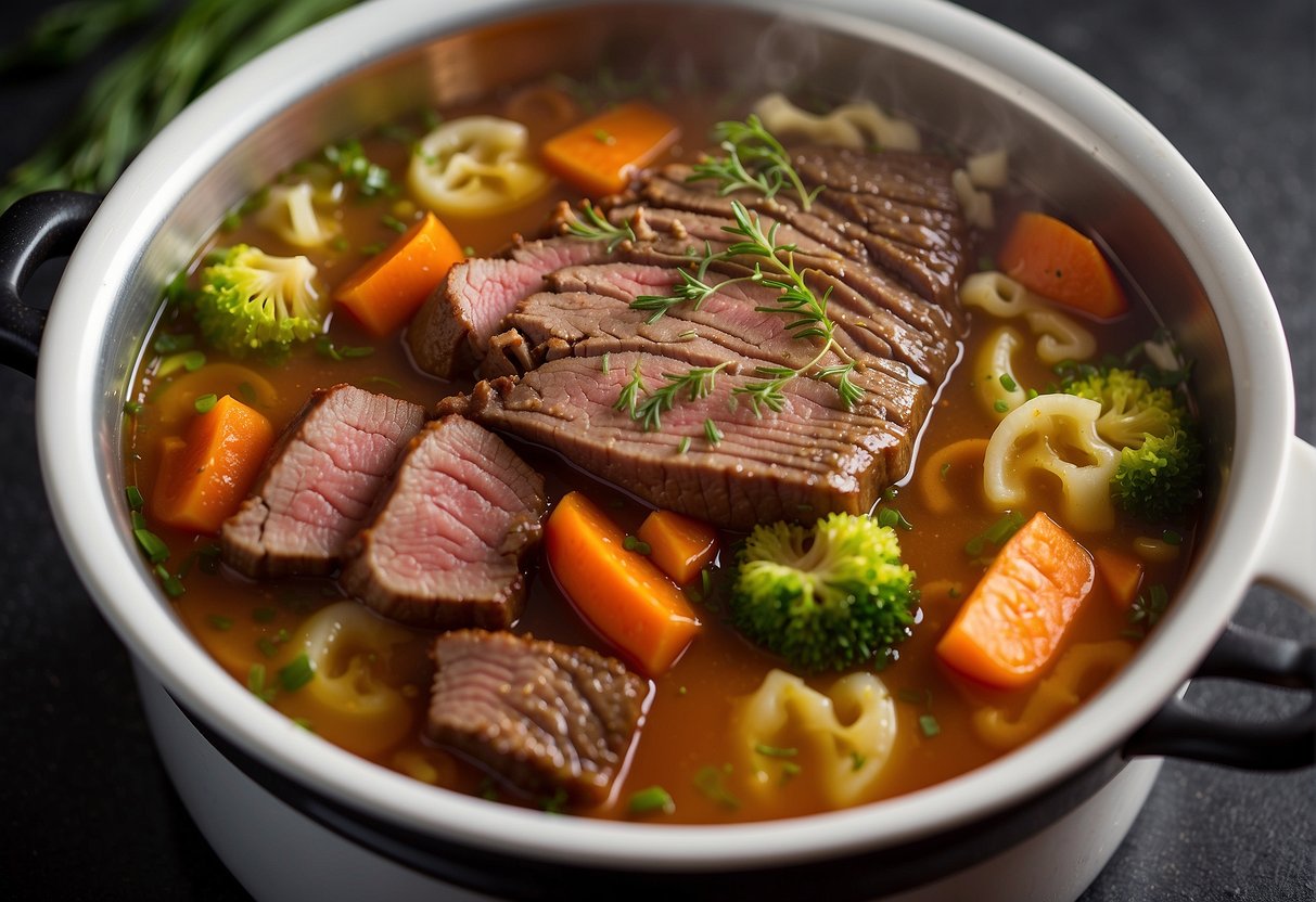 Beef brisket simmers in aromatic broth in a slow cooker. Vegetables and spices surround the pot. Steam rises from the bubbling liquid
