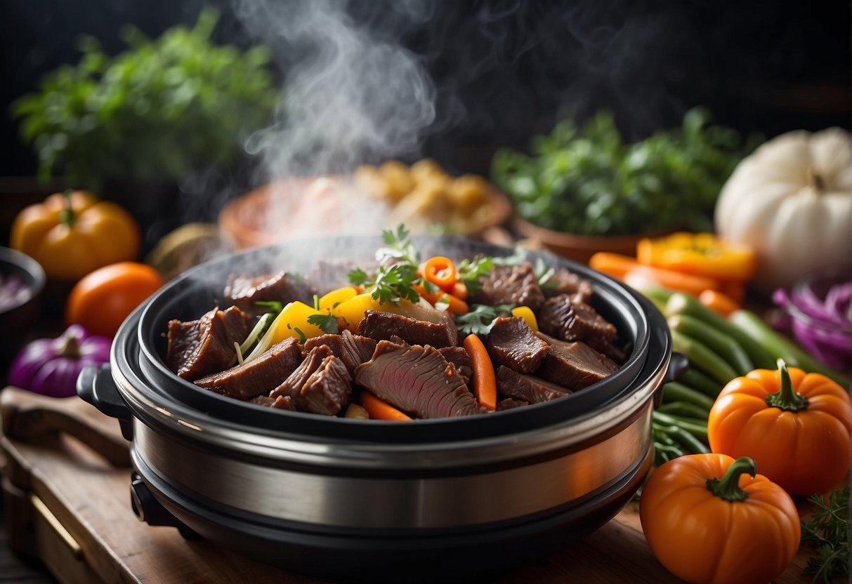 A steaming slow cooker filled with tender Chinese beef brisket, surrounded by colorful vegetables and aromatic herbs