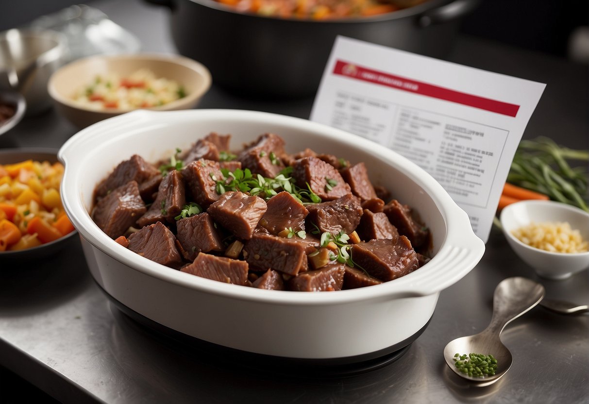 A slow cooker sits on a kitchen counter, filled with tender chunks of Chinese beef brisket. A recipe card with nutritional information is propped up next to it