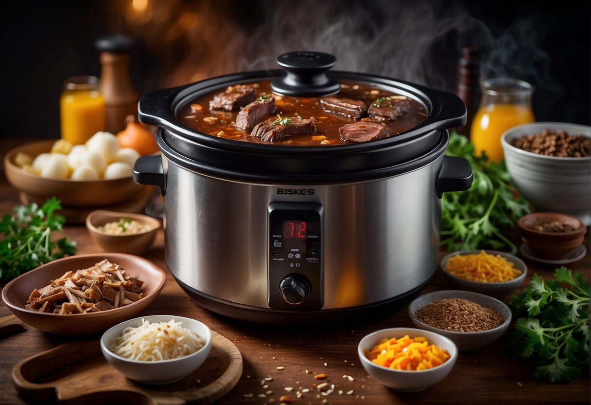 A slow cooker bubbling with Chinese beef brisket, surrounded by various ingredients and utensils. A steamy aroma fills the kitchen as the meat simmers to perfection