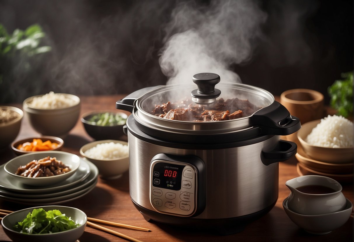 A steaming pressure cooker filled with tender Chinese beef brisket, surrounded by traditional serving dishes and chopsticks