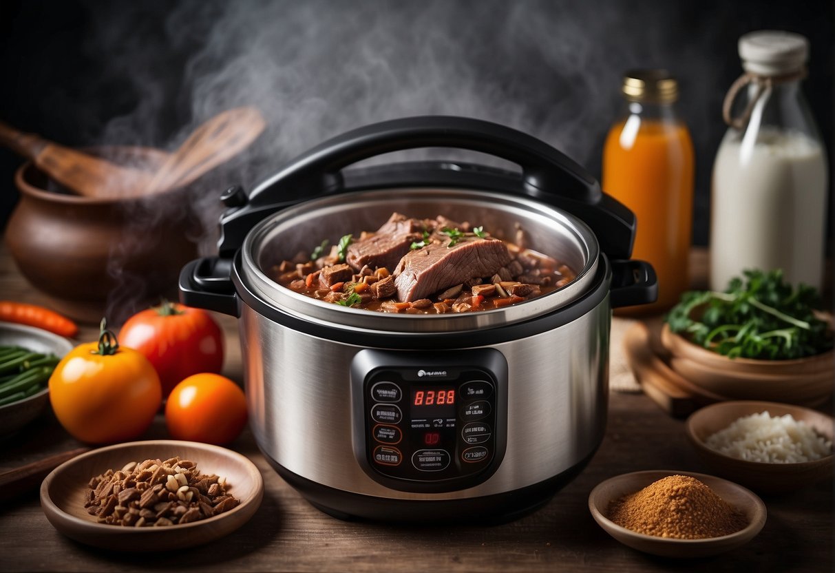 A pressure cooker with Chinese beef brisket ingredients, steam rising, surrounded by cooking utensils and a recipe book
