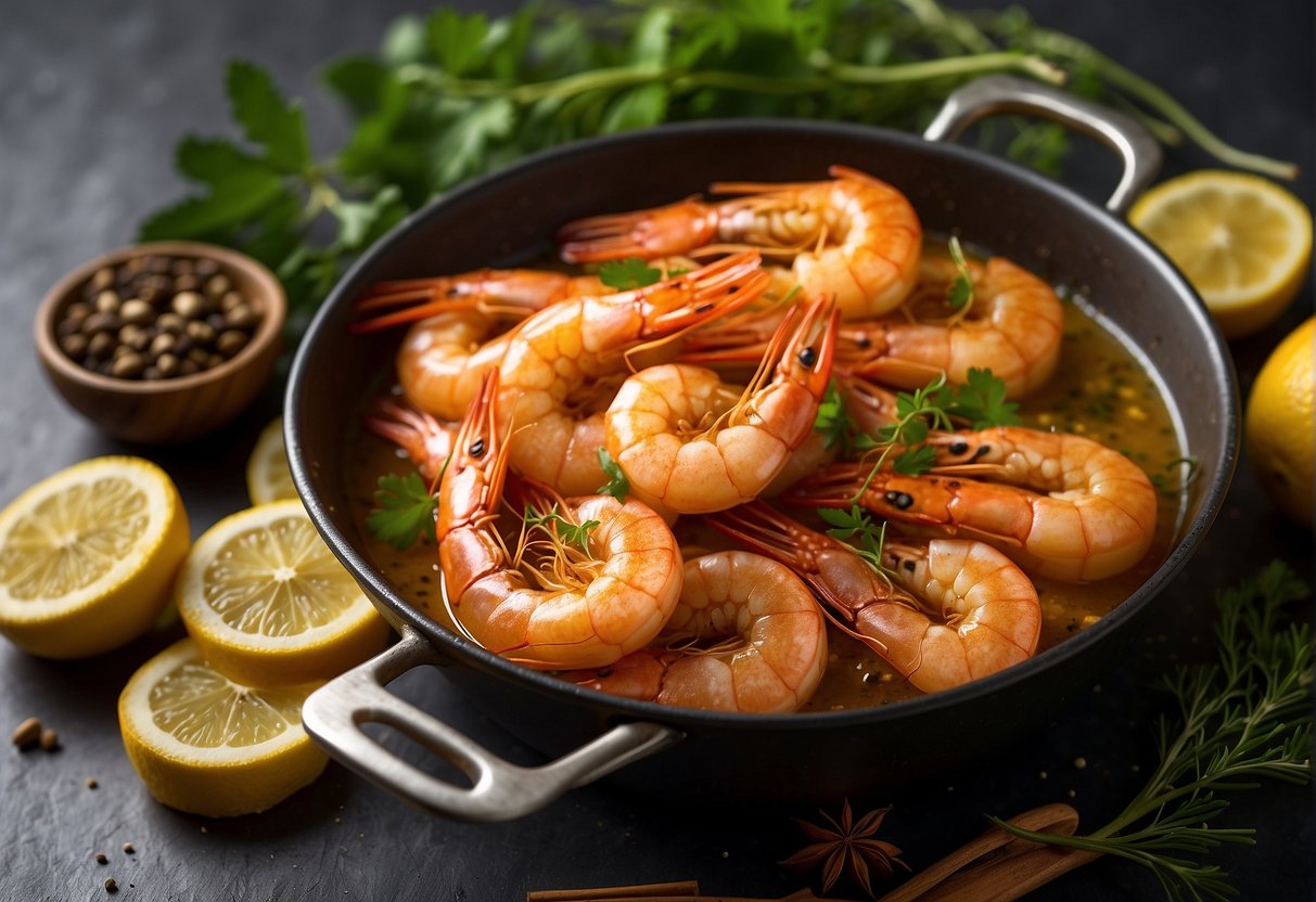 Golden prawns sizzle in bubbling oil, surrounded by fragrant spices and herbs, creating a mouthwatering aroma