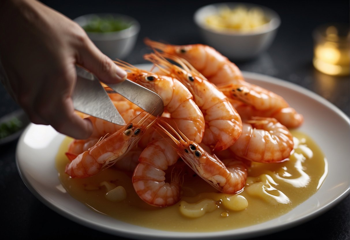 Prawns being cleaned and deveined, then dipped in batter and placed in hot oil for deep frying