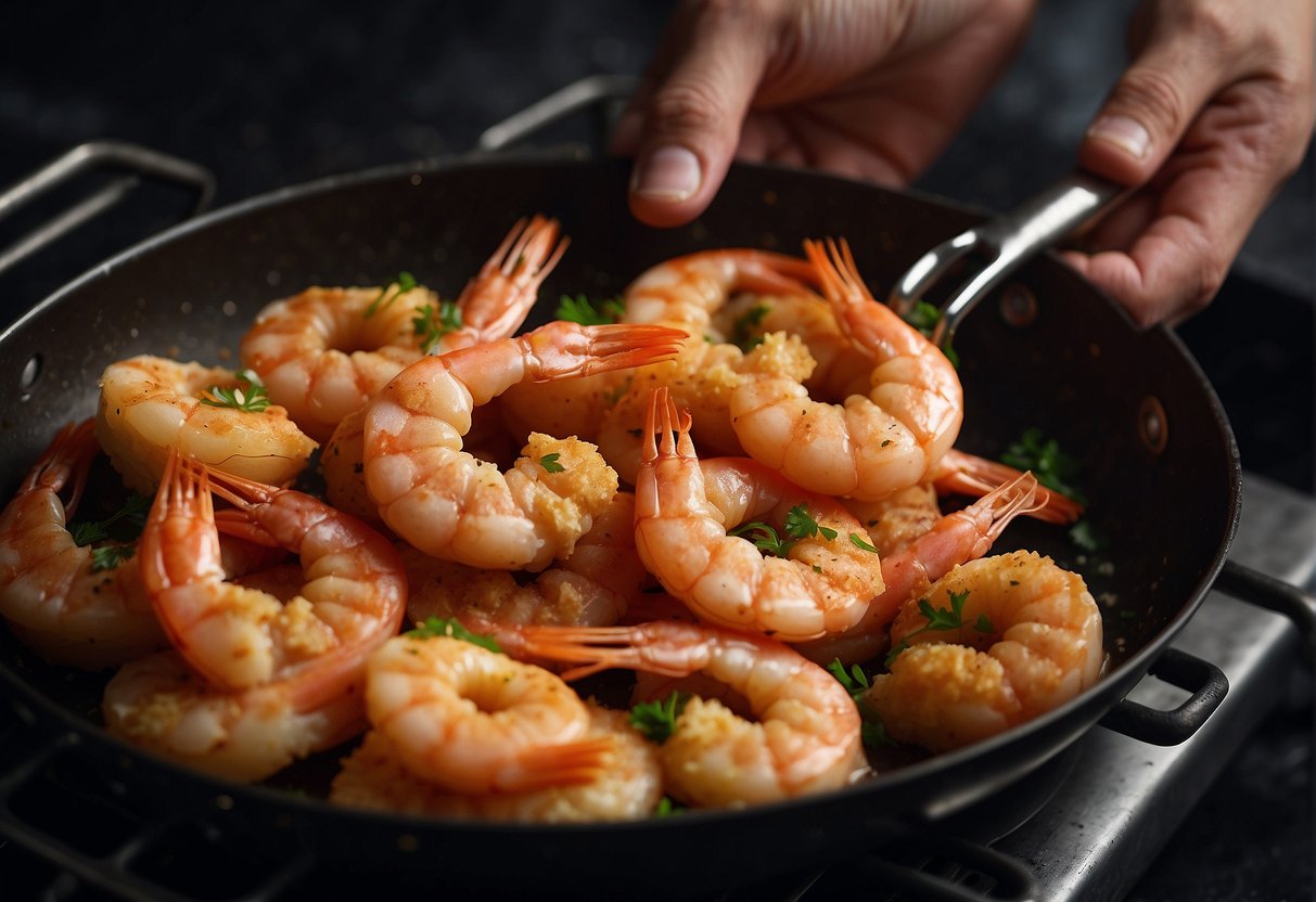 Prawns dipped in seasoned batter, sizzling in hot oil. A chef's hand lowers them gently into the frying pan