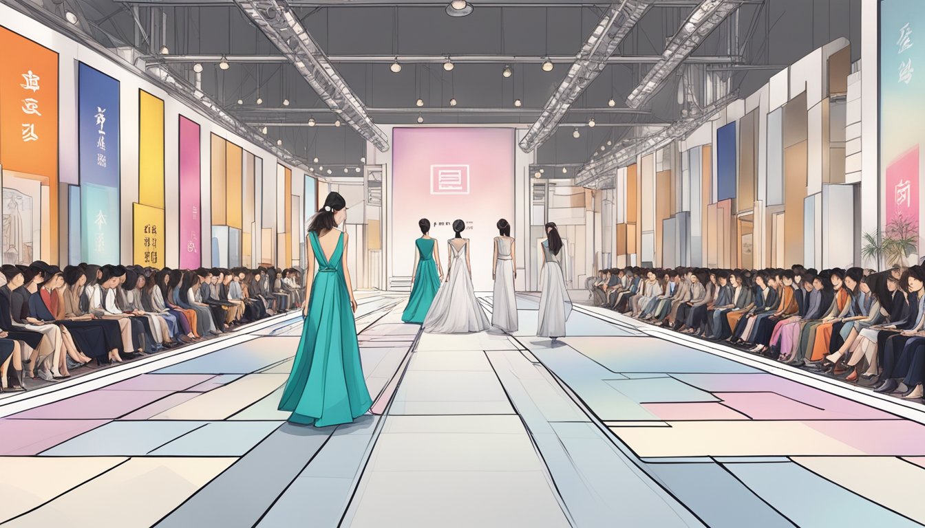A fashion runway with Chinese brand logos displayed prominently