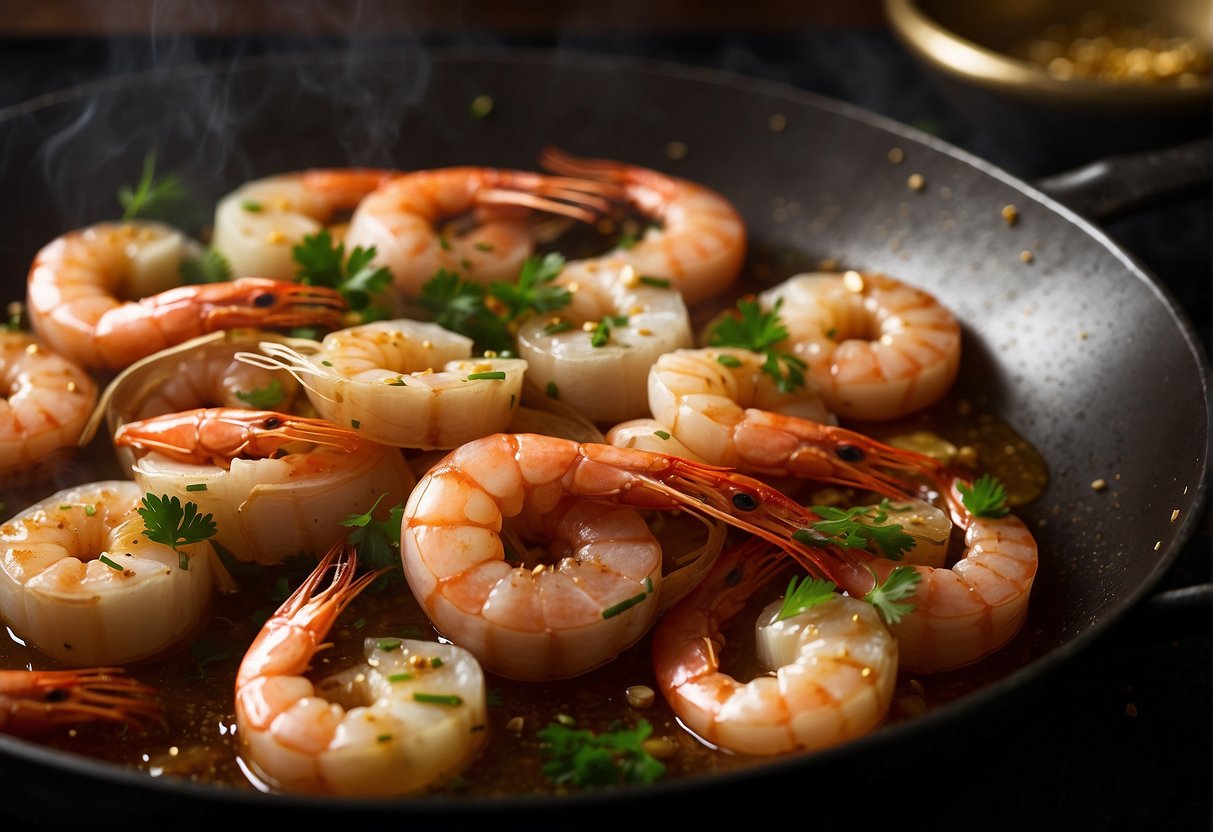 Prawns sizzle in a wok of bubbling hot oil, surrounded by aromatic garlic and ginger, as they turn golden brown and crispy