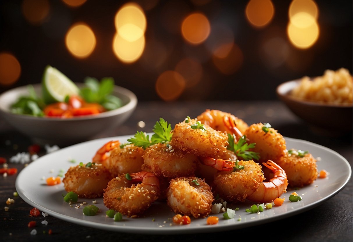 Golden crispy prawns coated in a flavorful Chinese sauce, surrounded by a variety of colorful seasonings and spices