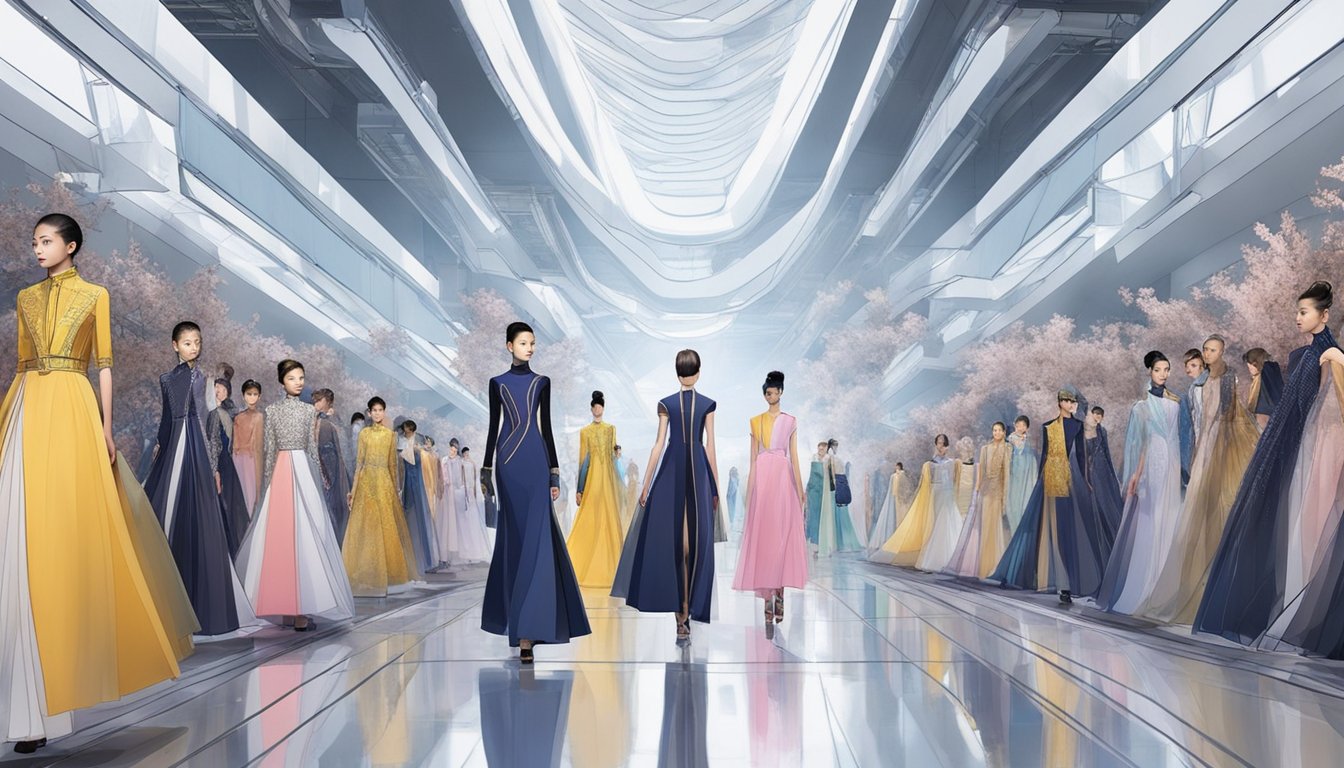 A bustling fashion show in China, with futuristic designs and advanced technology integrated into the garments. The runway is lined with cutting-edge Chinese fashion brands showcasing their innovative creations