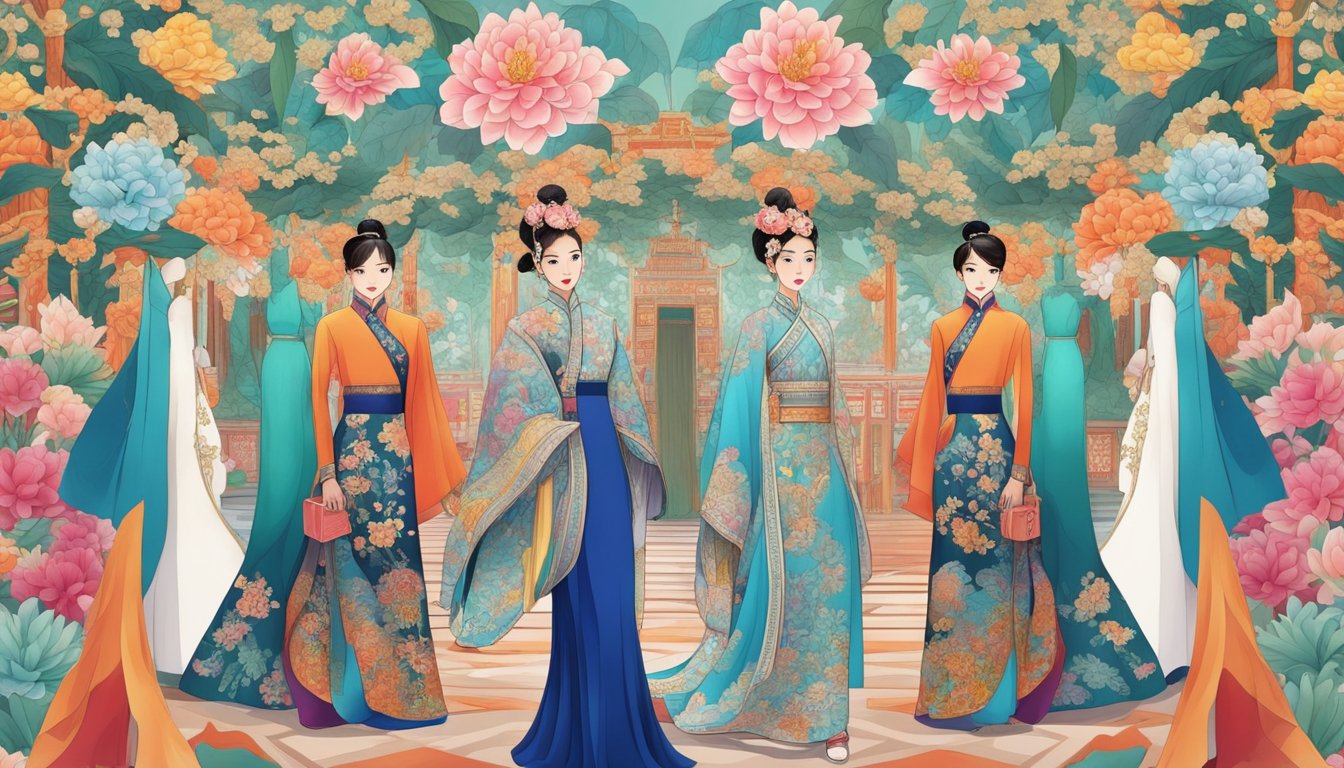 Vibrant colors and intricate patterns adorn the runway, showcasing the fusion of traditional Chinese elements with modern design in the global fashion scene