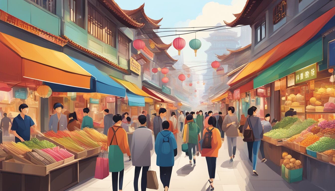 A bustling Chinese market with vibrant storefronts and trendy fashion displays, showcasing the dynamic consumer culture and market dynamics of China's fashion brands