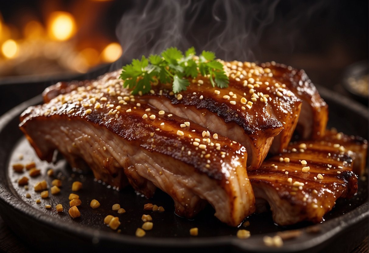 Golden brown pork ribs sizzling in hot oil. Steam rising, fragrant aroma fills the air. A sprinkle of sesame seeds adds texture