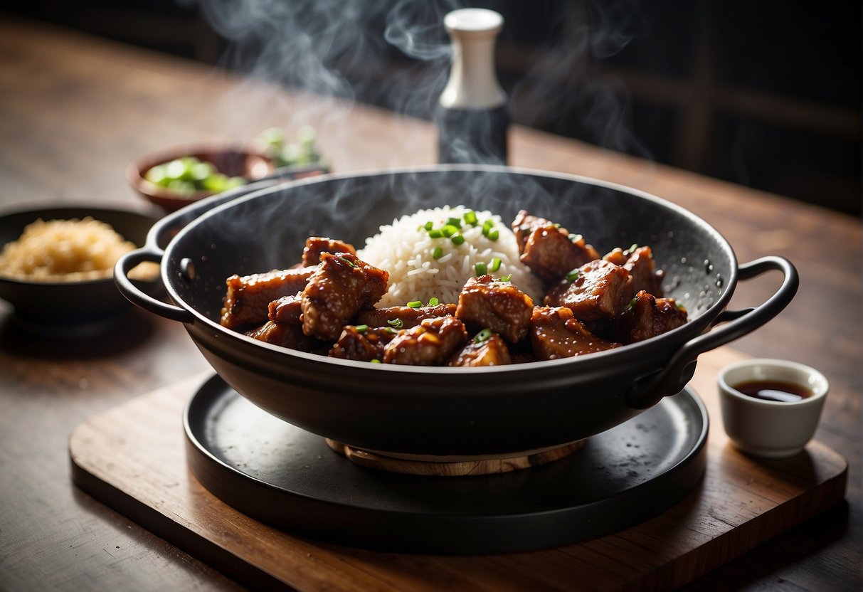 A sizzling wok holds crispy deep-fried pork ribs, surrounded by ginger, garlic, and soy sauce. A bowl of rice and chopsticks sit nearby